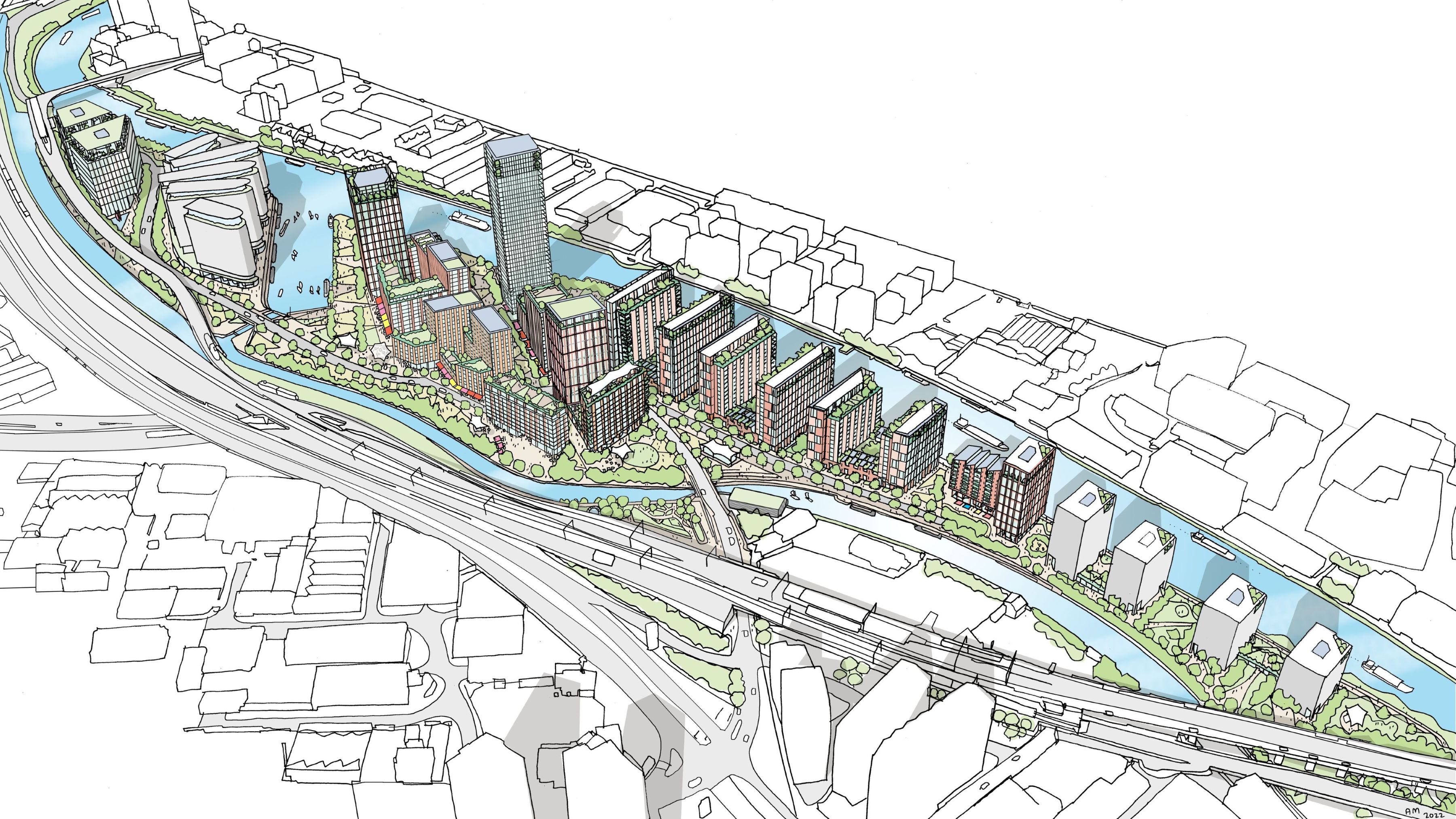 Illustrative Manchester Waters Masterplan Aerial View - Credit Peel Waters and Jon Matthews Architects